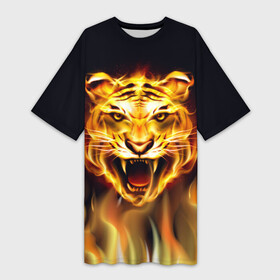 Платье-футболка 3D с принтом Тигр В Пламени в Новосибирске,  |  | Тематика изображения на принте: зверь | огненный тигр | огонь | пламя | рисунок | тигр | хищник