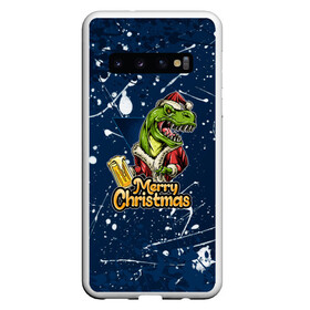 Чехол для Samsung Galaxy S10 с принтом Merry Christmas Пивозавр. в Новосибирске, Силикон | Область печати: задняя сторона чехла, без боковых панелей | 2022 | happy new year | merry christmas | год тигра | дино | динозавр | зима близко | нг | новогодний | новый год | новый год 2022 | рождество | снежинки | тигр