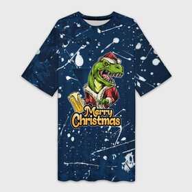 Платье-футболка 3D с принтом Merry Christmas Пивозавр. в Новосибирске,  |  | 2022 | happy new year | merry christmas | год тигра | дино | динозавр | зима близко | нг | новогодний | новый год | новый год 2022 | рождество | снежинки | тигр