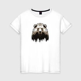 Женская футболка хлопок с принтом Медведь над лесом в Новосибирске, 100% хлопок | прямой крой, круглый вырез горловины, длина до линии бедер, слегка спущенное плечо | bear | the owner of the taiga | медведь | русский медведь | хозяин тайги