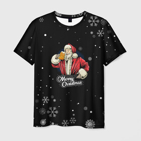 Мужская футболка 3D с принтом Merry Christmas Санта с пивом в Новосибирске, 100% полиэфир | прямой крой, круглый вырез горловины, длина до линии бедер | 2022 | happy new year | merry christmas | santa | год тигра | зима близко | нг | новогодний | новогодний санта | новый год | новый год 2022 | рождество | санта | символ 2022 года | снег
