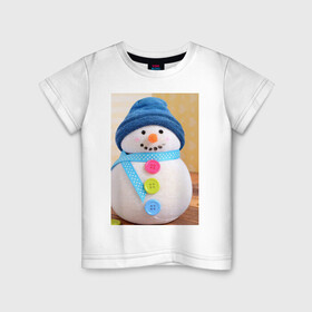 Детская футболка хлопок с принтом Счастливый снеговичок в Новосибирске, 100% хлопок | круглый вырез горловины, полуприлегающий силуэт, длина до линии бедер | детство | зима 2022 | новый год | праздник | радость | снеговик | счастье