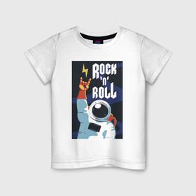 Детская футболка хлопок с принтом Space Rocknroll в Новосибирске, 100% хлопок | круглый вырез горловины, полуприлегающий силуэт, длина до линии бедер | astronaut | gesture | music | rocknroll | space | spacesuit | жест | космонавт | космос | музыка | скафандр