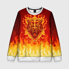 Детский свитшот 3D с принтом Огненный тигр в пламени в Новосибирске, 100% полиэстер | свободная посадка, прямой крой, мягкая тканевая резинка на рукавах и понизу свитшота | Тематика изображения на принте: огонь | пламя | символ года | тигр | хищник