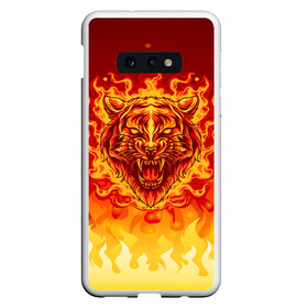 Чехол для Samsung S10E с принтом Огненный тигр в пламени в Новосибирске, Силикон | Область печати: задняя сторона чехла, без боковых панелей | огонь | пламя | символ года | тигр | хищник