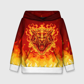 Детская толстовка 3D с принтом Огненный тигр в пламени в Новосибирске, 100% полиэстер | двухслойный капюшон со шнурком для регулировки, мягкие манжеты на рукавах и по низу толстовки, спереди карман-кенгуру с мягким внутренним слоем | Тематика изображения на принте: огонь | пламя | символ года | тигр | хищник