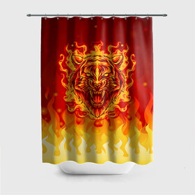 Штора 3D для ванной с принтом Огненный тигр в пламени в Новосибирске, 100% полиэстер | плотность материала — 100 г/м2. Стандартный размер — 146 см х 180 см. По верхнему краю — пластиковые люверсы для креплений. В комплекте 10 пластиковых колец | Тематика изображения на принте: огонь | пламя | символ года | тигр | хищник