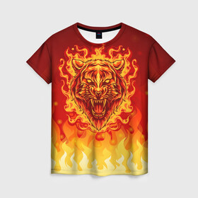 Женская футболка 3D с принтом Огненный тигр в пламени в Новосибирске, 100% полиэфир ( синтетическое хлопкоподобное полотно) | прямой крой, круглый вырез горловины, длина до линии бедер | Тематика изображения на принте: огонь | пламя | символ года | тигр | хищник