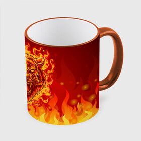 Кружка с принтом Огненный тигр в пламени в Новосибирске, керамика | ёмкость 330 мл | Тематика изображения на принте: огонь | пламя | символ года | тигр | хищник