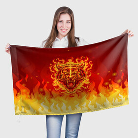 Флаг 3D с принтом Огненный тигр в пламени в Новосибирске, 100% полиэстер | плотность ткани — 95 г/м2, размер — 67 х 109 см. Принт наносится с одной стороны | Тематика изображения на принте: огонь | пламя | символ года | тигр | хищник