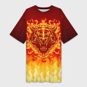 Платье-футболка 3D с принтом Огненный тигр в пламени в Новосибирске,  |  | Тематика изображения на принте: огонь | пламя | символ года | тигр | хищник