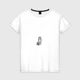 Женская футболка хлопок с принтом Сидящая белая тигрица в Новосибирске, 100% хлопок | прямой крой, круглый вырез горловины, длина до линии бедер, слегка спущенное плечо | tiger | tigress | white tiger | белый тигр | символ 2022 | тигр сидит | тигрца