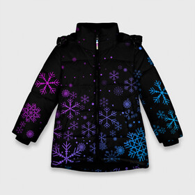 Зимняя куртка для девочек 3D с принтом Новогодние снежинки. Градиент. в Новосибирске, ткань верха — 100% полиэстер; подклад — 100% полиэстер, утеплитель — 100% полиэстер. | длина ниже бедра, удлиненная спинка, воротник стойка и отстегивающийся капюшон. Есть боковые карманы с листочкой на кнопках, утяжки по низу изделия и внутренний карман на молнии. 

Предусмотрены светоотражающий принт на спинке, радужный светоотражающий элемент на пуллере молнии и на резинке для утяжки. | 2022 | happy new year | merry christmas | год тигра | зима близко | нг | новогодний | новый год | новый год 2022 | рождество | символ 2022 года | снег | снежинки