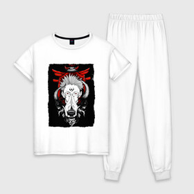 Женская пижама хлопок с принтом ЗАКЛИНАНИЕ ИТАДОРИ, СУКУНА в Новосибирске, 100% хлопок | брюки и футболка прямого кроя, без карманов, на брюках мягкая резинка на поясе и по низу штанин | anime | japan | japanese | jujutsu | jujutsu kaisen | kaisen | sukuna | tattoo | аниме | двуликий призрак | иероглифы | инумаки | итадори | итадори юдзи | магическая битва | нобара | панда | рёмен | рёмен сукуна | сатору | сукуна