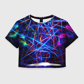 Женская футболка Crop-top 3D с принтом NEON LINES Glowing Lines Effect в Новосибирске, 100% полиэстер | круглая горловина, длина футболки до линии талии, рукава с отворотами | Тематика изображения на принте: rave neon | живые линии | неновые лучи | неон | неоновая лампа | неоновая ночь | неоновые ленты | неоновые линии разных цветов | неоновый рейв | светящиеся линии | флекс неон | эффект неона