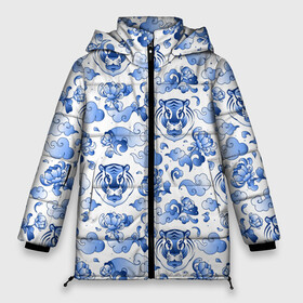 Женская зимняя куртка Oversize с принтом Гжель Тигр и узоры в Новосибирске, верх — 100% полиэстер; подкладка — 100% полиэстер; утеплитель — 100% полиэстер | длина ниже бедра, силуэт Оверсайз. Есть воротник-стойка, отстегивающийся капюшон и ветрозащитная планка. 

Боковые карманы с листочкой на кнопках и внутренний карман на молнии | 2022 | год тигра | новый год | новый год 2022 | символ года | тигр | тигренок | тигрица | тигры