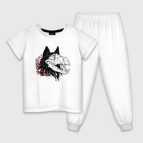 Детская пижама хлопок с принтом Fashionable avant garde wolf в Новосибирске, 100% хлопок |  брюки и футболка прямого кроя, без карманов, на брюках мягкая резинка на поясе и по низу штанин
 | Тематика изображения на принте: bones | fangs | fashion | flowers | hype | jaw | skull | teeth | vanguard | wolf | авангард | волк | зубы | клыки | мода | пасть | хайп | цветы | череп