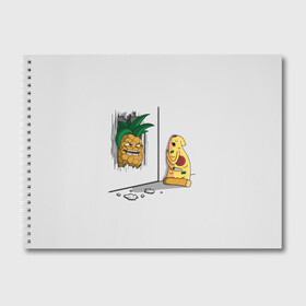 Альбом для рисования с принтом HERES PINEAPPLE в Новосибирске, 100% бумага
 | матовая бумага, плотность 200 мг. | Тематика изображения на принте: here | is | johnny | mem | meme | memes | pineapple | pizza | shining | ананас | джонни | мем | мемы | пица | пицца | сияние | это