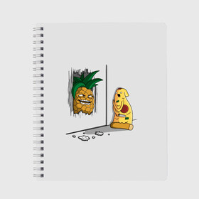 Тетрадь с принтом HERES PINEAPPLE в Новосибирске, 100% бумага | 48 листов, плотность листов — 60 г/м2, плотность картонной обложки — 250 г/м2. Листы скреплены сбоку удобной пружинной спиралью. Уголки страниц и обложки скругленные. Цвет линий — светло-серый
 | Тематика изображения на принте: here | is | johnny | mem | meme | memes | pineapple | pizza | shining | ананас | джонни | мем | мемы | пица | пицца | сияние | это