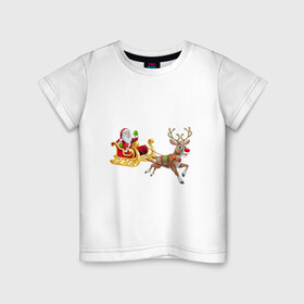 Детская футболка хлопок с принтом Рождество Санта Клаус и санки в Новосибирске, 100% хлопок | круглый вырез горловины, полуприлегающий силуэт, длина до линии бедер | новыйгод | олени | рождество | санки | сантаклаус