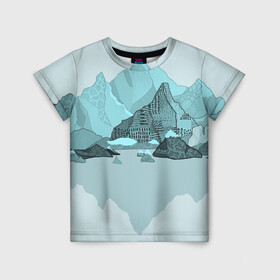 Детская футболка 3D с принтом Голубой горный пейзаж с темно-серыми тенями в Новосибирске, 100% гипоаллергенный полиэфир | прямой крой, круглый вырез горловины, длина до линии бедер, чуть спущенное плечо, ткань немного тянется | голубые горы | горный | горный массив | горный пейзаж | горы | горы в снегу | для сноуборда | для туристов | заснеженные горы | зимние горы | зимний | лыжный | снежные горы | сноуборд
