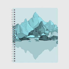 Тетрадь с принтом Голубой горный пейзаж с темно-серыми тенями в Новосибирске, 100% бумага | 48 листов, плотность листов — 60 г/м2, плотность картонной обложки — 250 г/м2. Листы скреплены сбоку удобной пружинной спиралью. Уголки страниц и обложки скругленные. Цвет линий — светло-серый
 | Тематика изображения на принте: голубые горы | горный | горный массив | горный пейзаж | горы | горы в снегу | для сноуборда | для туристов | заснеженные горы | зимние горы | зимний | лыжный | снежные горы | сноуборд