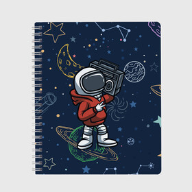 Тетрадь с принтом КОСМИЧЕСКАЯ МУЗЫКА | SPACE MUSIC в Новосибирске, 100% бумага | 48 листов, плотность листов — 60 г/м2, плотность картонной обложки — 250 г/м2. Листы скреплены сбоку удобной пружинной спиралью. Уголки страниц и обложки скругленные. Цвет линий — светло-серый
 | astronaut | music | planet | rocket | space | stars | астронавт | звезда | звезды | космонавт | космос | магнитафон | мафон | музыка | музыкант | планета | планеты | ракета