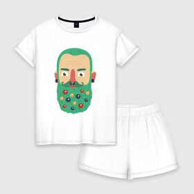 Женская пижама с шортиками хлопок с принтом Зеленая борода в Новосибирске, 100% хлопок | футболка прямого кроя, шорты свободные с широкой мягкой резинкой | борода | борода елка | дед мороз | дровосек | ёлка | игрушки | новый 2022 | снег | стильная елка | хипстер | шары