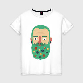 Женская футболка хлопок с принтом Зеленая борода в Новосибирске, 100% хлопок | прямой крой, круглый вырез горловины, длина до линии бедер, слегка спущенное плечо | борода | борода елка | дед мороз | дровосек | ёлка | игрушки | новый 2022 | снег | стильная елка | хипстер | шары