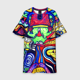 Детское платье 3D с принтом ПСИХОДЕЛЛА в Новосибирске, 100% полиэстер | прямой силуэт, чуть расширенный к низу. Круглая горловина, на рукавах — воланы | Тематика изображения на принте: абстракция | пестрый | психоделика | цветной | яркий