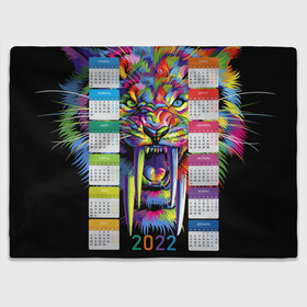 Плед 3D с принтом Саблезубый тигр в стиле поп-арт. в Новосибирске, 100% полиэстер | закругленные углы, все края обработаны. Ткань не мнется и не растягивается | Тематика изображения на принте: 2022 | art | beast | colorful head | mosaic | new year | pop art | predator | rainbow | sabertoothed tiger | year of the tiger | год тигра | зверь | искусство | календарь | мозаика | новый год | радужный | разноцветная голова | 