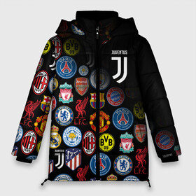 Женская зимняя куртка Oversize с принтом JUVENTUS LOGOBOMBING SPORT в Новосибирске, верх — 100% полиэстер; подкладка — 100% полиэстер; утеплитель — 100% полиэстер | длина ниже бедра, силуэт Оверсайз. Есть воротник-стойка, отстегивающийся капюшон и ветрозащитная планка. 

Боковые карманы с листочкой на кнопках и внутренний карман на молнии | black white | cr7 | fc juventus | football | juve | juventus | ronaldo | sport | бык | роналдо | роналду | спорт | футбол | чёрно белый | ювентус