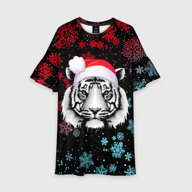 Детское платье 3D с принтом НОВОГОДНИЙ БЕЛЫЙ ТИГР В НЕОНЕ в Новосибирске, 100% полиэстер | прямой силуэт, чуть расширенный к низу. Круглая горловина, на рукавах — воланы | 2022 | beast | merry christmas | new year | red bow | santa hat | snow | tiger | winter | winter is coming | year of the tiger | год тигра | дед мороз | животные | звери | зверь | зима | зима 2022 | зима близко | новог | новогодни