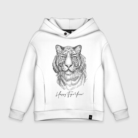 Детское худи Oversize хлопок с принтом Happy Tiger Year! в Новосибирске, френч-терри — 70% хлопок, 30% полиэстер. Мягкий теплый начес внутри —100% хлопок | боковые карманы, эластичные манжеты и нижняя кромка, капюшон на магнитной кнопке | ears | eyes | holiday | muzzle | new year | skin | tiger | view | глаза | новый год | праздник | тигр | уши