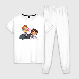 Женская пижама хлопок с принтом Бретт & Рейган в Новосибирске, 100% хлопок | брюки и футболка прямого кроя, без карманов, на брюках мягкая резинка на поясе и по низу штанин | девушка | инженер | парень | персонажи | сотридник