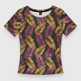 Женская футболка 3D Slim с принтом Тропические листья pink в Новосибирске,  |  | африка | листья | паттерн | тропики | цветы