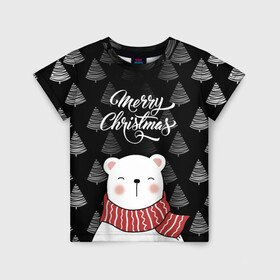 Детская футболка 3D с принтом MERRY CHRISTMAS BEARS в Новосибирске, 100% гипоаллергенный полиэфир | прямой крой, круглый вырез горловины, длина до линии бедер, чуть спущенное плечо, ткань немного тянется | 2021 | 2022 | new year | деда мороза | зима | к нам приходит | как у всех | костюм | медвежонок | мишка | новогодний | новый год | праздник | рекомендации | рождество | снег | снежинки | снежок | узор | хочу