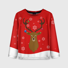 Детский лонгслив 3D с принтом Новогодний олень New Years Deer в Новосибирске, 100% полиэстер | длинные рукава, круглый вырез горловины, полуприлегающий силуэт
 | 2021 | 2022 | happy new year | happy new year 2022 | новый год | олень | снег | снежинки | снежный олень | сугроб