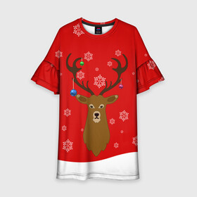 Детское платье 3D с принтом Новогодний олень New Years Deer в Новосибирске, 100% полиэстер | прямой силуэт, чуть расширенный к низу. Круглая горловина, на рукавах — воланы | Тематика изображения на принте: 2021 | 2022 | happy new year | happy new year 2022 | новый год | олень | снег | снежинки | снежный олень | сугроб