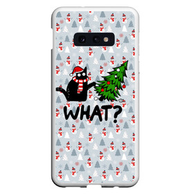 Чехол для Samsung S10E с принтом WHAT CAT | CHRISTMAS в Новосибирске, Силикон | Область печати: задняя сторона чехла, без боковых панелей | 2020 | 2021 | 2022 | cat | cats | christmas | merry | what | ват | кот | леденец | мяу | нг | новогодний | новый год | олени | рождество | свитер | узоры