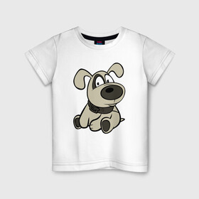 Детская футболка хлопок с принтом Щенок глазастый бежевый в Новосибирске, 100% хлопок | круглый вырез горловины, полуприлегающий силуэт, длина до линии бедер | веселье | детские | для девушек | для детей | домашние животные | змей горыныч | мультики | ослик | сказка | сказочные | собака | удивление | щенок