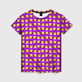 Женская футболка 3D с принтом Фиолетовый Фон с Желтыми Квадратами (Иллюзия Движения) в Новосибирске, 100% полиэфир ( синтетическое хлопкоподобное полотно) | прямой крой, круглый вырез горловины, длина до линии бедер | абстракция | аум | галлюцинация | зазеркалье | игра ума | иллюзии | индиго | майя | мантра | медитация | мираж | неон | нирвана | обман зрения | ом | оптические иллюзии | просветление | психоделика