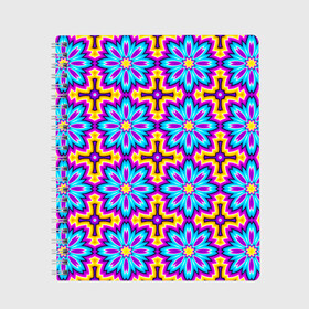 Тетрадь с принтом Синие цветы на желтом фоне (иллюзия расширения) в Новосибирске, 100% бумага | 48 листов, плотность листов — 60 г/м2, плотность картонной обложки — 250 г/м2. Листы скреплены сбоку удобной пружинной спиралью. Уголки страниц и обложки скругленные. Цвет линий — светло-серый
 | Тематика изображения на принте: абстракция | аум | галлюцинация | зазеркалье | игра ума | иллюзии | индиго | майя | мантра | медитация | мираж | неон | нирвана | обман зрения | ом | оптические иллюзии | просветление | психоделика