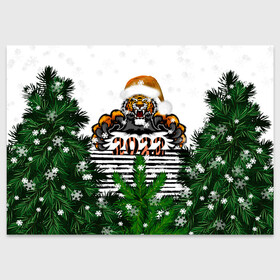 Поздравительная открытка с принтом Новогодний Тигр Среди Елок в Новосибирске, 100% бумага | плотность бумаги 280 г/м2, матовая, на обратной стороне линовка и место для марки
 | 2022 | black | cat | christmas | merry | new year | tiger | xmas | водяной | год тигра | елка | животные | кот | кошки | новый год | паттерн | полосатый | рождество | снег | снежинки | сосна | тигры | узор | цветы | черный