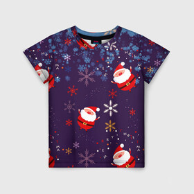 Детская футболка 3D с принтом Дед Мороз в снежинках в Новосибирске, 100% гипоаллергенный полиэфир | прямой крой, круглый вырез горловины, длина до линии бедер, чуть спущенное плечо, ткань немного тянется | 2021 | happy new year 2022 | дед мороз | новый год | новый год 2022 | праздник | санта | снежинки