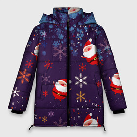 Женская зимняя куртка Oversize с принтом Дед Мороз в снежинках в Новосибирске, верх — 100% полиэстер; подкладка — 100% полиэстер; утеплитель — 100% полиэстер | длина ниже бедра, силуэт Оверсайз. Есть воротник-стойка, отстегивающийся капюшон и ветрозащитная планка. 

Боковые карманы с листочкой на кнопках и внутренний карман на молнии | 2021 | happy new year 2022 | дед мороз | новый год | новый год 2022 | праздник | санта | снежинки