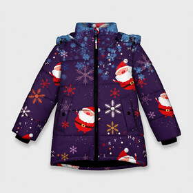 Зимняя куртка для девочек 3D с принтом Дед Мороз в снежинках в Новосибирске, ткань верха — 100% полиэстер; подклад — 100% полиэстер, утеплитель — 100% полиэстер. | длина ниже бедра, удлиненная спинка, воротник стойка и отстегивающийся капюшон. Есть боковые карманы с листочкой на кнопках, утяжки по низу изделия и внутренний карман на молнии. 

Предусмотрены светоотражающий принт на спинке, радужный светоотражающий элемент на пуллере молнии и на резинке для утяжки. | 2021 | happy new year 2022 | дед мороз | новый год | новый год 2022 | праздник | санта | снежинки