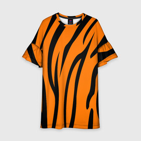 Детское платье 3D с принтом Текстура тигра/tiger в Новосибирске, 100% полиэстер | прямой силуэт, чуть расширенный к низу. Круглая горловина, на рукавах — воланы | tiger | кошка | оранжевый черный | символ 22 года | текстура | тигр
