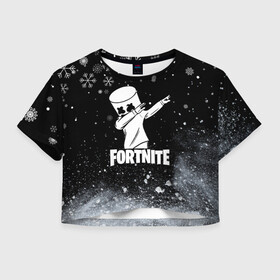 Женская футболка Crop-top 3D с принтом НОВОГОДНИЙ FORTNITE MARSHMELLO в Новосибирске, 100% полиэстер | круглая горловина, длина футболки до линии талии, рукава с отворотами | fortnite | fortnite 2 | fortnite x | game | marshmello | игра | маршмелло | новогодний | снежинки | фортнайт | фортнайт 2 | фортнайт глава 2