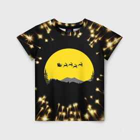 Детская футболка 3D с принтом Фейерверк Санта в Новосибирске, 100% гипоаллергенный полиэфир | прямой крой, круглый вырез горловины, длина до линии бедер, чуть спущенное плечо, ткань немного тянется | Тематика изображения на принте: black | christmas | fireworks | holiday | moon | new | new year | popular | reindeer | santa claus | sleigh | top | trend | yellow | дед мороз | желтый | луна | новый | новый год | олени | популярный | праздник | рождество | салют | сани | санта клаус | т
